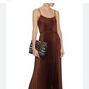 Vince Pleated Satin Midi Dress in Brown- Large (barely worn)